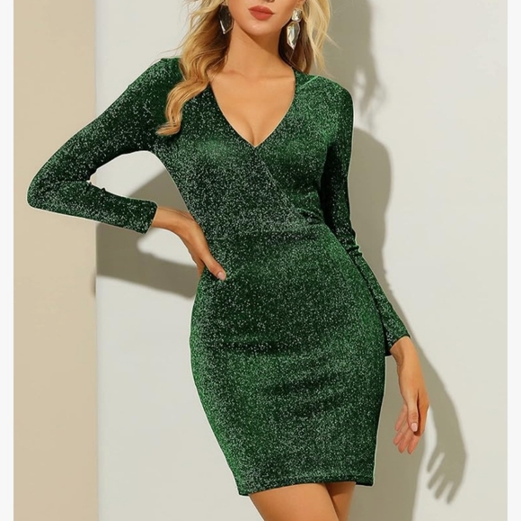 Women Sexy Party Dress V Neck Long Sleeve Stretchy Sparkle Glitter Bodycon Dress - Picture 3 of 10